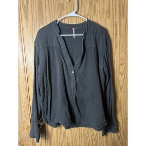 Free People Grey Gauze Distressed Hem Long Sleeve Tunic Top Womens L